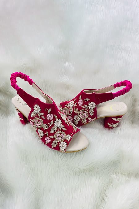 Shop Shiveen Shiveen Pink Embroidered Velvet Block Heels at Aza Fashions Shop_Shiveen Shiveen_Pink Embroidered Velvet Block Heels _at_Aza_Fashions