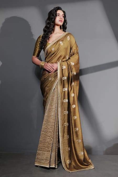 Shop Taisha Green Kota Doria, Silk, Satin Zari, Floral And Striped Woven Saree With Blouse at Aza Fashions Shop_Taisha_Green Kota Doria, Silk, Satin Zari, Floral And Striped Woven Saree With Blouse _at_Aza_Fashions