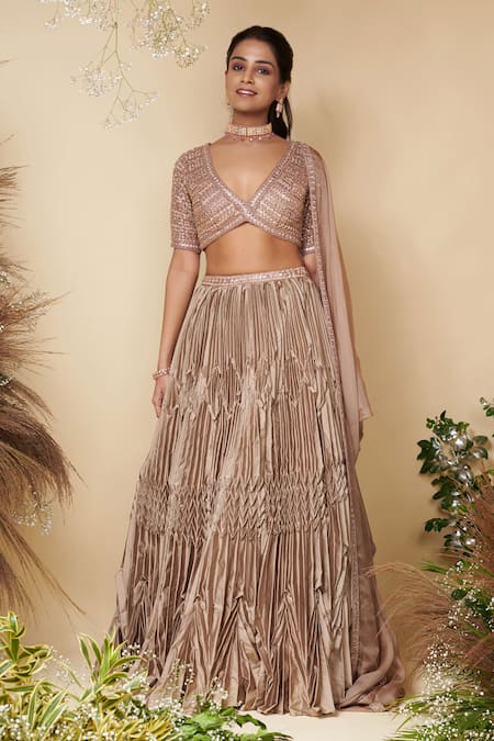 Shop Reeti Arneja Brown Taffeta, Organza Sequins V-neck Moonlight Pleated Lehenga Set at Aza Fashions Shop_Reeti Arneja_Brown Taffeta, Organza Sequins V-neck Moonlight Pleated Lehenga Set _at_Aza_Fashions