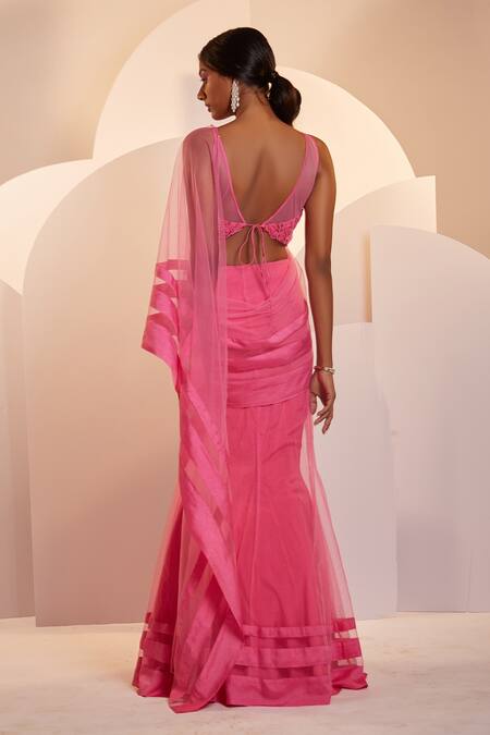 Shop Shloka Khialani Pink Silk, Net, Crepe Floral V Neck Claire Pre-draped Saree With Blouse at Aza Fashions Shop_Shloka Khialani_Pink Silk, Net, Crepe Floral V Neck Claire Pre-draped Saree With Blouse_at_Aza_Fashions