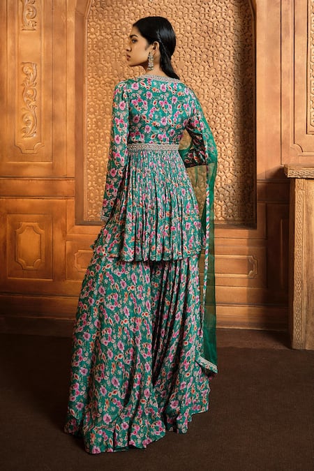 Shop Aneesh Agarwaal Green Chiffon, Linen Embroidery V-neck Floral Bloom Print Kurta Sharara Set at Aza Fashions Shop_Aneesh Agarwaal_Green Chiffon, Linen Embroidery V-neck Floral Bloom Print Kurta Sharara Set _at_Aza_Fashions
