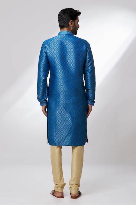 Shop Arihant Rai Sinha Blue Jacquard, Silk Embroidery Floral Ogee Pattern Kurta Set at Aza Fashions Shop_Arihant Rai Sinha_Blue Jacquard, Silk Embroidery Floral Ogee Pattern Kurta Set _at_Aza_Fashions