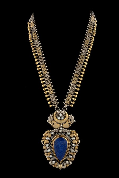 Shop Neeta Boochra Silver Plated Lapis Two Tone Pendant Necklace at Aza Fashions Shop_Neeta Boochra_Silver Plated Lapis Two Tone Pendant Necklace _at_Aza_Fashions
