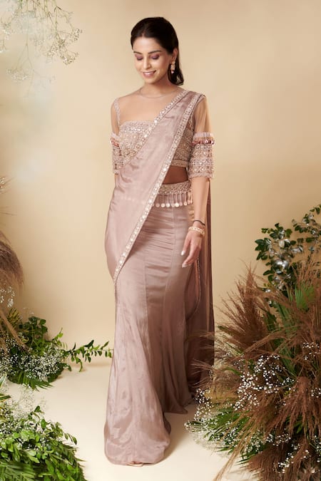 Shop Reeti Arneja Brown Net, Chiffon Sequins Round Neck Aurora Saree With Embroidered Blouse at Aza Fashions Shop_Reeti Arneja_Brown Net, Chiffon Sequins Round Neck Aurora Saree With Embroidered Blouse _at_Aza_Fashions