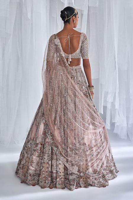 Shop Dolly J Pink Tulle Embroidery, Pearls Plunge Neck Alyssa Shimmer Bridal Lehenga Set at Aza Fashions Shop_Dolly J_Pink Tulle Embroidery, Pearls Plunge Neck Alyssa Shimmer Bridal Lehenga Set _at_Aza_Fashions