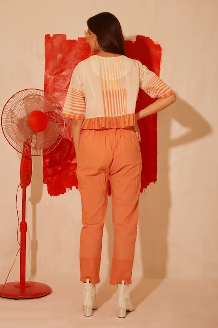 Shop Banana Labs Orange Cotton Embroidery Round Neck Mandarin Block Print Top And Pant Co-ord Set at Aza Fashions Shop_Banana Labs_Orange Cotton Embroidery Round Neck Mandarin Block Print Top And Pant Co-ord Set _at_Aza_Fashions