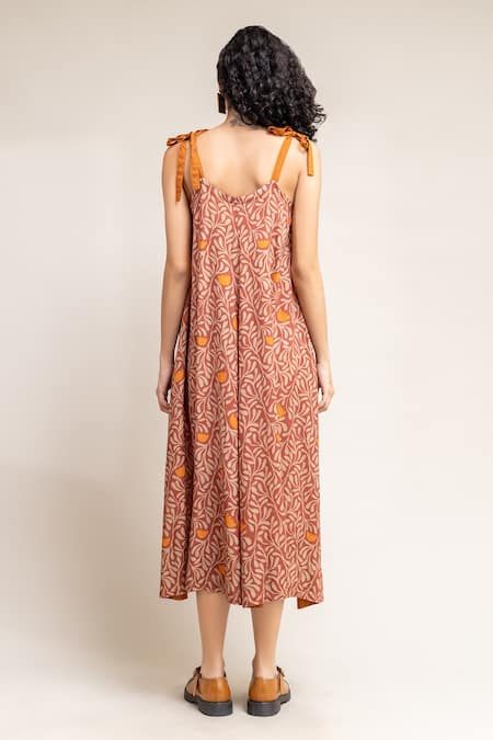 Shop Doodlage Orange Modal Floral Pattern Scoop Neck Yui Print Dress at Aza Fashions Shop_Doodlage_Orange Modal Floral Pattern Scoop Neck Yui Print Dress _at_Aza_Fashions