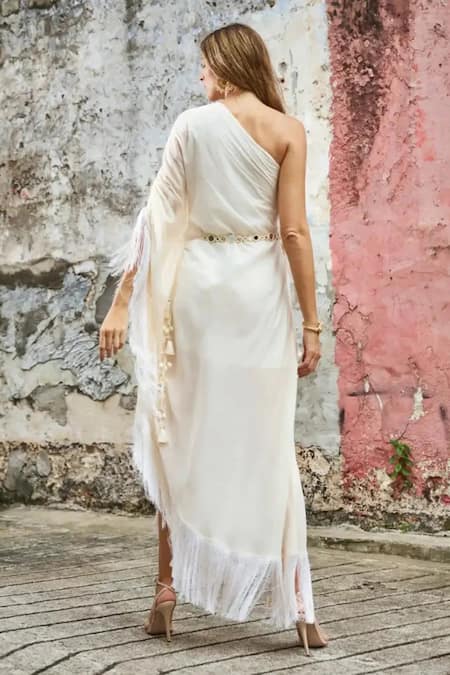 Shop Style Junkiie Ivory Crepe Fringe Asymmetric One Shoulder Kaftan at Aza Fashions Shop_Style Junkiie_Ivory Crepe Fringe Asymmetric One Shoulder Kaftan _at_Aza_Fashions