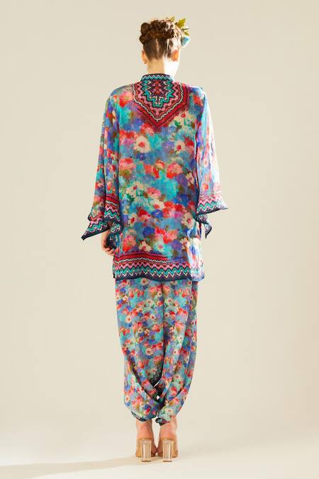Shop_Rajdeep Ranawat_Blue Silk Floral Band Nylla Pattern Tunic  _at_Aza_Fashions