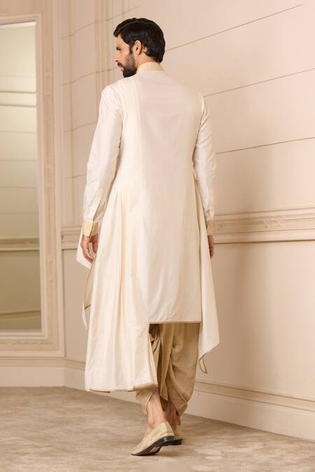 Shop_Tarun Tahiliani_Gold Modal, Brocade Draped Kurta Dhoti Pant Set_at_Aza_Fashions