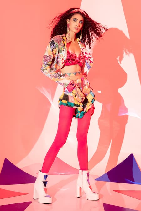 Shop Esha L Amin Pink Viscose, Crepe Mirrors Embellished Bralette at Aza Fashions Shop_Esha L Amin_Pink Viscose, Crepe Mirrors Embellished Bralette _at_Aza_Fashions