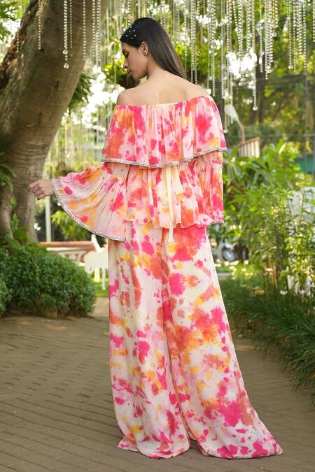 Shop Disha Kahai Multi Color Crepe Mirrors, Smocking Tie-dye Pattern Top And Palazzo Set at Aza Fashions Shop_Disha Kahai_Multi Color Crepe Mirrors, Smocking Tie-dye Pattern Top And Palazzo Set_at_Aza_Fashions