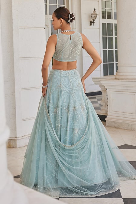 Shop_Charu And Vasundhara_Blue Net Sequins, Beads Asymmetric Stasia Diamond Pattern Bridal Lehenga Set _at_Aza_Fashions