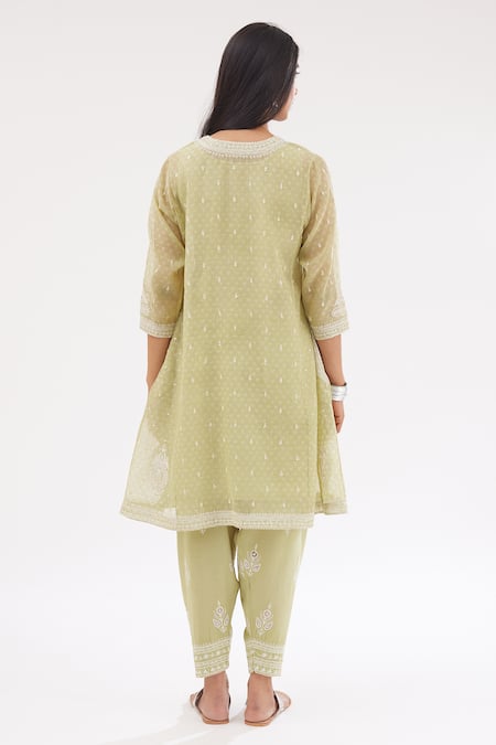 Shop Kora Green Cotton, Chanderi Sequins, Diamonds, Printed Short Kalidar Kurta Set at Aza Fashions Shop_Kora_Green Cotton, Chanderi Sequins, Diamonds, Printed Short Kalidar Kurta Set _at_Aza_Fashions