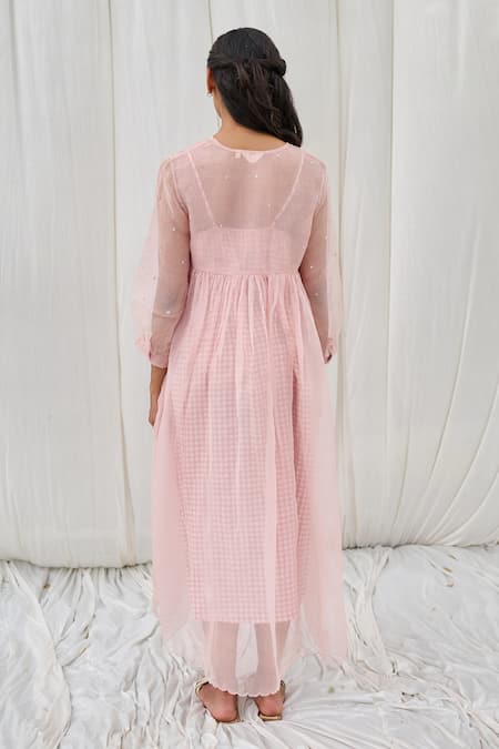 Shop Ayaka Pink Silk Organza, Cotton Tassels, Embroidery V-neck Floral Dress at Aza Fashions Shop_Ayaka_Pink Silk Organza, Cotton Tassels, Embroidery V-neck Floral Dress _at_Aza_Fashions