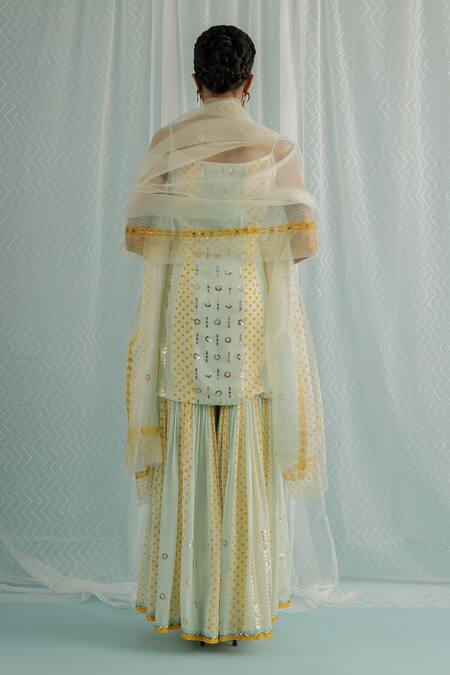 Shop Surbhi Gupta Ivory Kurta And Sharara Georgette Block Print Sequin Embroidered Set at Aza Fashions Shop_Surbhi Gupta_Ivory Kurta And Sharara Georgette Block Print Sequin Embroidered Set _at_Aza_Fashions