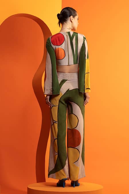 Shop Nautanky Beige Crepe V-neck Abstract Geometric Print Bustier And Pant Set at Aza Fashions Shop_Nautanky_Beige Crepe V-neck Abstract Geometric Print Bustier And Pant Set _at_Aza_Fashions