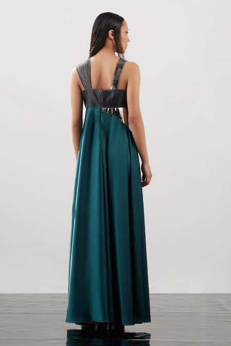 Shop Akhl Green Silk Satin (100% Polyester) + Lurex-tulle (57% Gathered Strap Gown at Aza Fashions Shop_Akhl_Green Silk Satin (100% Polyester) + Lurex-tulle (57% Gathered Strap Gown _at_Aza_Fashions