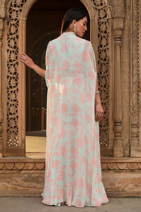 Shop Dheeru Taneja Green Chanderi, Georgette Pearls, Sequins Aafreen Printed Cape And Sharara Set at Aza Fashions Shop_Dheeru Taneja_Green Chanderi, Georgette Pearls, Sequins Aafreen Printed Cape And Sharara Set _at_Aza_Fashions