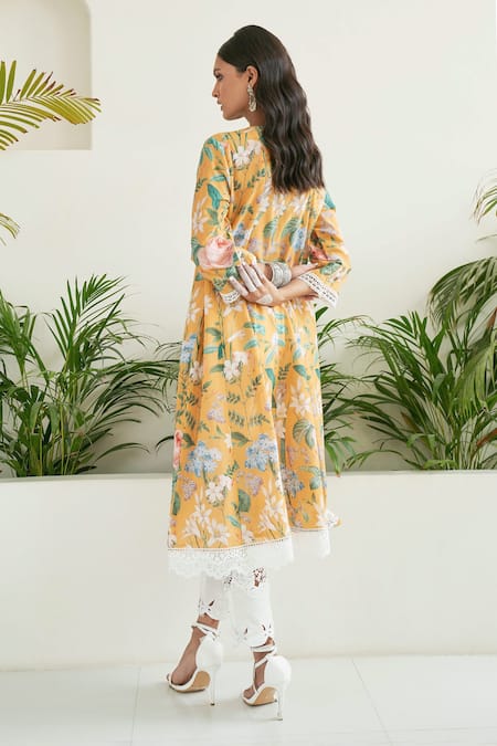 Shop Sage Saga Yellow Lace Pearls Round Neck Freesia Lined Anarkali at Aza Fashions Shop_Sage Saga_Yellow Lace Pearls Round Neck Freesia Lined Anarkali _at_Aza_Fashions
