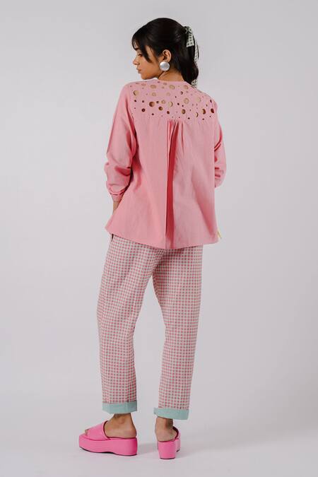 Shop Tussah By Siddhi Shah Pink Cotton Cut Work Round Neck Placed Shirt With Pant at Aza Fashions Shop_Tussah By Siddhi Shah_Pink Cotton Cut Work Round Neck Placed Shirt With Pant _at_Aza_Fashions