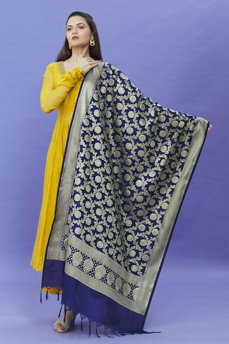 Shop_Naintara Bajaj_Blue Brocade, Silk Embroidery Floral Vine Pattern Woven Dupatta _at_Aza_Fashions