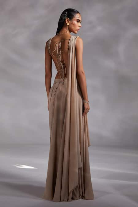 Divya Aggarwal Beige Silk Chiffon Tassel Deep Taylen Pre-draped Saree With Embellished Blouse Online at Aza Fashions Divya Aggarwal_Beige Silk Chiffon Tassel Deep Taylen Pre-draped Saree With Embellished Blouse _Online_at_Aza_Fashions