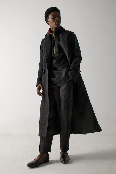 Shop Jatin Malik Black Modal, Rayon Embroidery Overcoat With Kurta Set at Aza Fashions Shop_Jatin Malik_Black Modal, Rayon Embroidery Overcoat With Kurta Set _at_Aza_Fashions