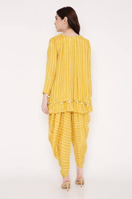 Shop Bha Sha Yellow Muslin, Linen Sequins Round Muskan Printed Short Tunic And Draped Pant Set at Aza Fashions Shop_Bha Sha_Yellow Muslin, Linen Sequins Round Muskan Printed Short Tunic And Draped Pant Set _at_Aza_Fashions