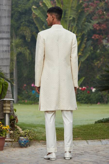 Shop Bohame Cream Georgette, Cotton, Wool, Silk, Terrycloth Adyat Chikankari Achkan Set at Aza Fashions Shop_Bohame_Cream Georgette, Cotton, Wool, Silk, Terrycloth Adyat Chikankari Achkan Set_at_Aza_Fashions