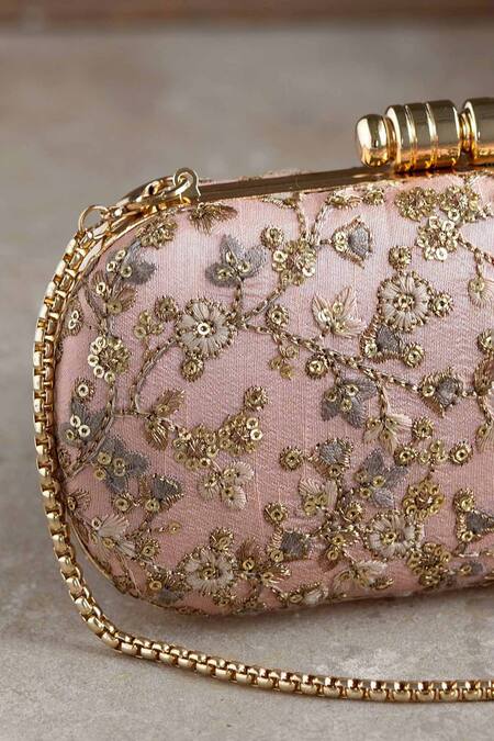 Shop Amyra Peach Embroidery, Sequins Elan Silk Capsule Clutch at Aza Fashions Shop_Amyra_Peach Embroidery, Sequins Elan Silk Capsule Clutch_at_Aza_Fashions