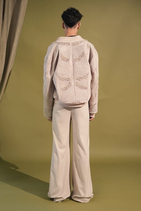Shop_Nikita Mhaisalkar_Grey Lace Embroidery Thread Bomber Jacket _at_Aza_Fashions