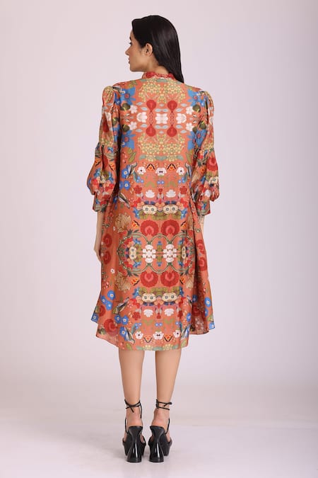 Alpona Designs By Soham Acharya Floral Print Puff Sleeve Dress 