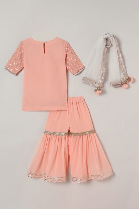 Shop_Byb Premium_Peach Georgette, Cotton Embroidery, Mirrors Kurta Sharara Set _at_Aza_Fashions