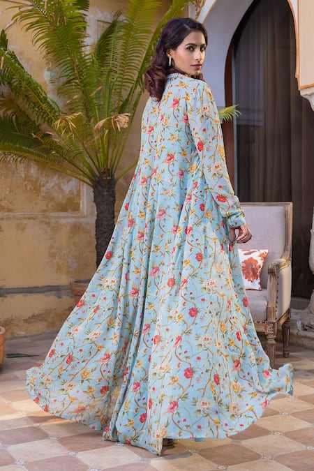 Shop Suruchi Parakh Blue Georgette Embroidery Round Neck, Floral Print Long Jacket And Pant Set at Aza Fashions Shop_Suruchi Parakh_Blue Georgette Embroidery Round Neck, Floral Print Long Jacket And Pant Set _at_Aza_Fashions