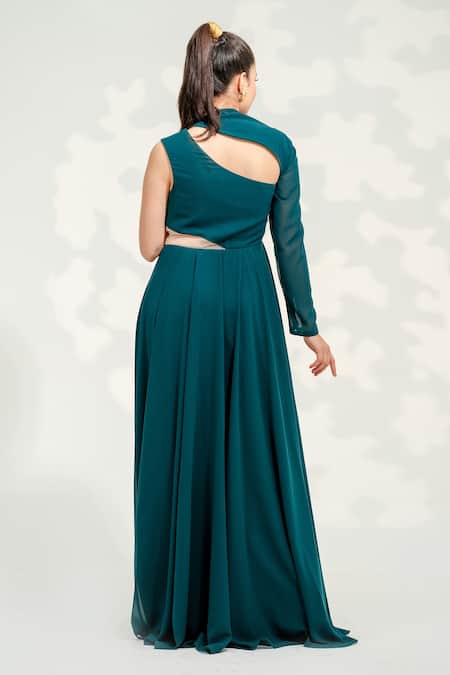Tamaraa By Tahani_Green Georgette, Tulle Sequins, Dela High Collar One Shoulder Pleated Gown _Online_at_Aza_Fashions