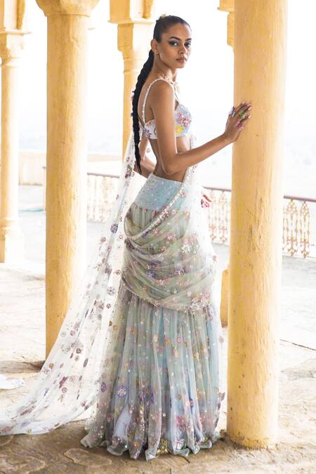 Shop_Lashkaraa_Blue Net, Satin Sequins, Embroidery Scoop Neck Floral Pre-draped Saree_at_Aza_Fashions