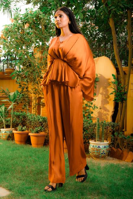 Shop_Omana By Ranjana Bothra_Orange Satin V-neck Cowl Sleeve Top And Trouser Set _at_Aza_Fashions
