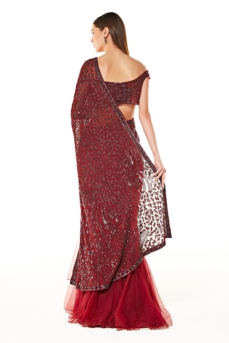 Shop_Rabani & Rakha_Maroon Net, Georgette Sequins, Cut Sairaa Embroidered Lehenga Saree With Blouse _at_Aza_Fashions