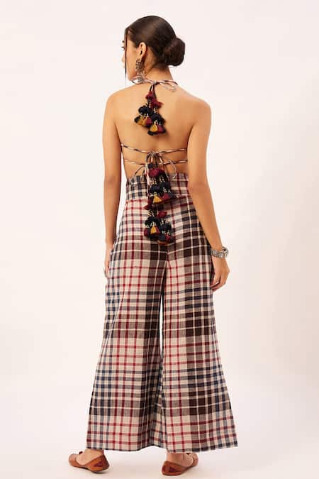 Zariya The Label Checkered Backless Blouse With Pant 