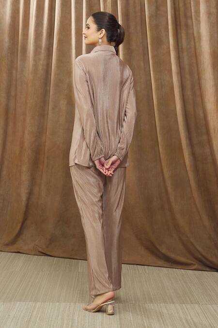 Shop Bump Loving Grey Satin, Polyester Crystals Collared Ara Maternity Shirt And Pant Co-ord Set at Aza Fashions Shop_Bump Loving_Grey Satin, Polyester Crystals Collared Ara Maternity Shirt And Pant Co-ord Set_at_Aza_Fashions