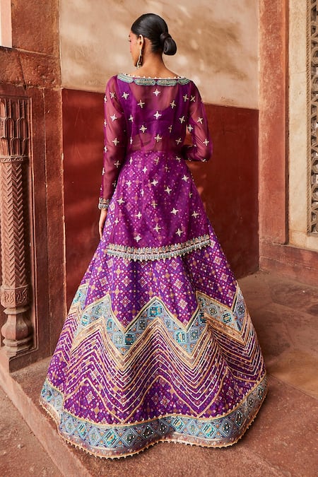 Shop Aditi Gupta Purple Wool, Organza, Silk Pearls V-neck, Woven Patola Pattern Lehenga Kurta Set at Aza Fashions Shop_Aditi Gupta_Purple Wool, Organza, Silk Pearls V-neck, Woven Patola Pattern Lehenga Kurta Set _at_Aza_Fashions