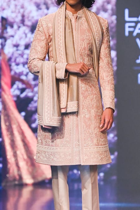 Shop Anushree Reddy Pink Silk Embroidery Couler Floral Sherwani Set at Aza Fashions Shop_Anushree Reddy_Pink Silk Embroidery Couler Floral Sherwani Set _at_Aza_Fashions