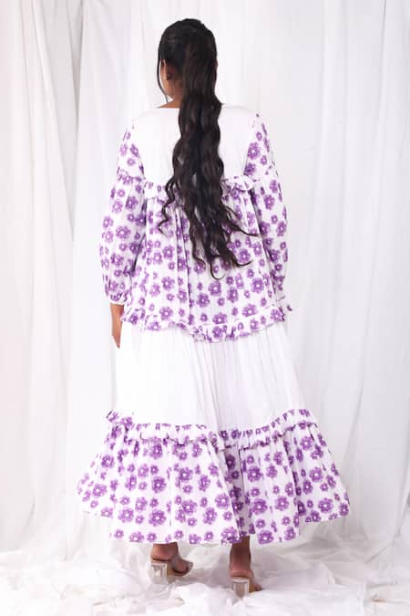 Shop Khat White Cotton Boat Neck Flared Purple Flower Print Dress at Aza Fashions Shop_Khat_White Cotton Boat Neck Flared Purple Flower Print Dress _at_Aza_Fashions