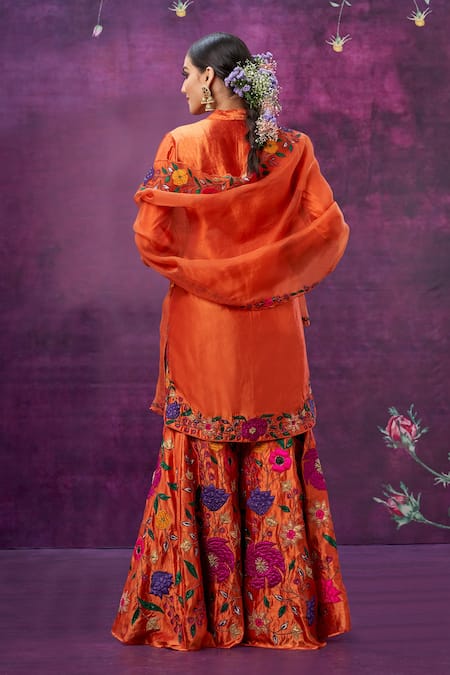 Shop_Label Niti Bothra_Orange Kora Silk Mughal Round Floral Applique Kurta Sharara Set _at_Aza_Fashions