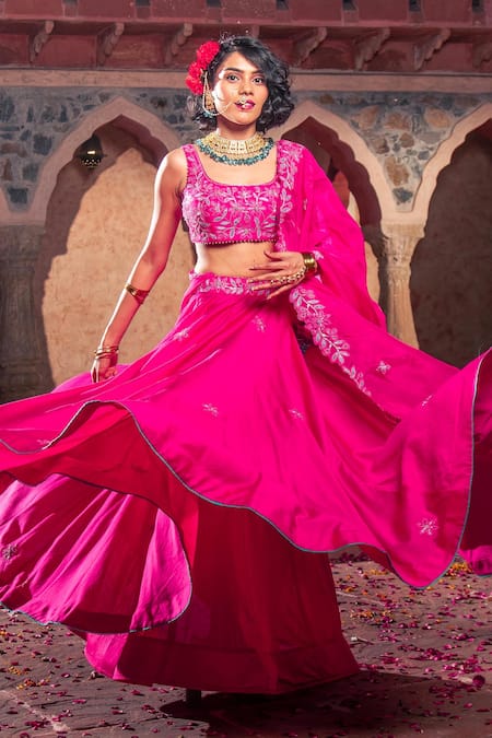 Shop Show Shaa Pink Chanderi, Organza, Crepe Sequins, Cut Work, Floral Placement Lehenga Set at Aza Fashions Shop_Show Shaa_Pink Chanderi, Organza, Crepe Sequins, Cut Work, Floral Placement Lehenga Set _at_Aza_Fashions