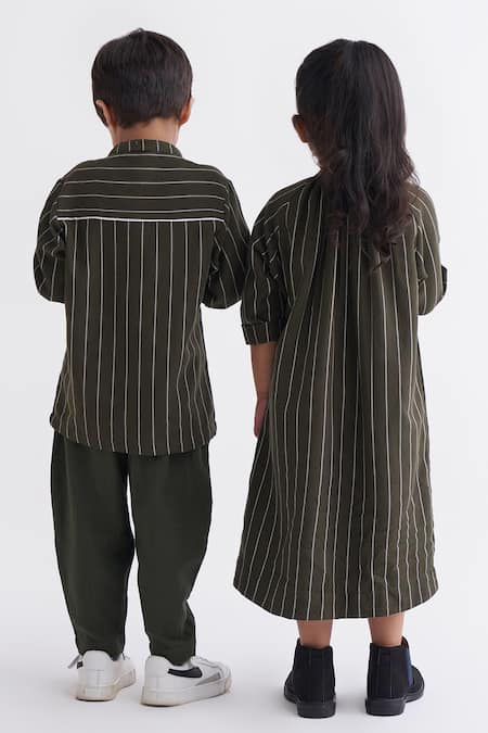 Three Olive Striped Embroidered Shirt & Pant Set
