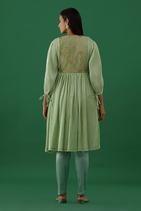 Shop 5elements Blue Anarkali Pleated Polyester Mix And Silk Yoke Embroidered & Pant Set at Aza Fashions Shop_5elements_Blue Anarkali Pleated Polyester Mix And Silk Yoke Embroidered & Pant Set _at_Aza_Fashions