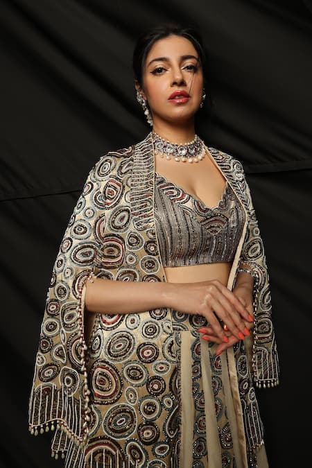 Shop_Sejal Kamdar_Cream Pure Satin Crepe And Organza Print & Blazer & Panelled Lehenga Set _at_Aza_Fashions
