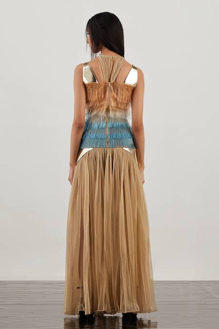 Shop Akhl Gold Lurex-tulle (57% Metallic Yarn 43% Polyester)+ Glass Gradient Fringed Gown at Aza Fashions Shop_Akhl_Gold Lurex-tulle (57% Metallic Yarn 43% Polyester)+ Glass Gradient Fringed Gown _at_Aza_Fashions